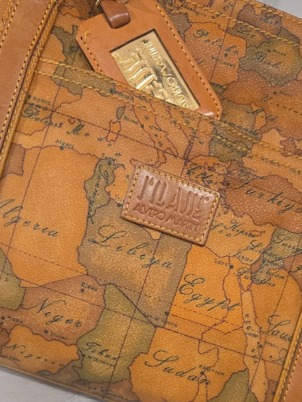 Alviero Martini Tan Map-Print Leather Tote Bag